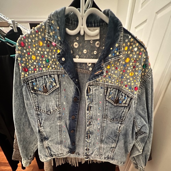 Jackets & Blazers - Vintage 80s Denim Jacket with Colorful embellishments Sz L